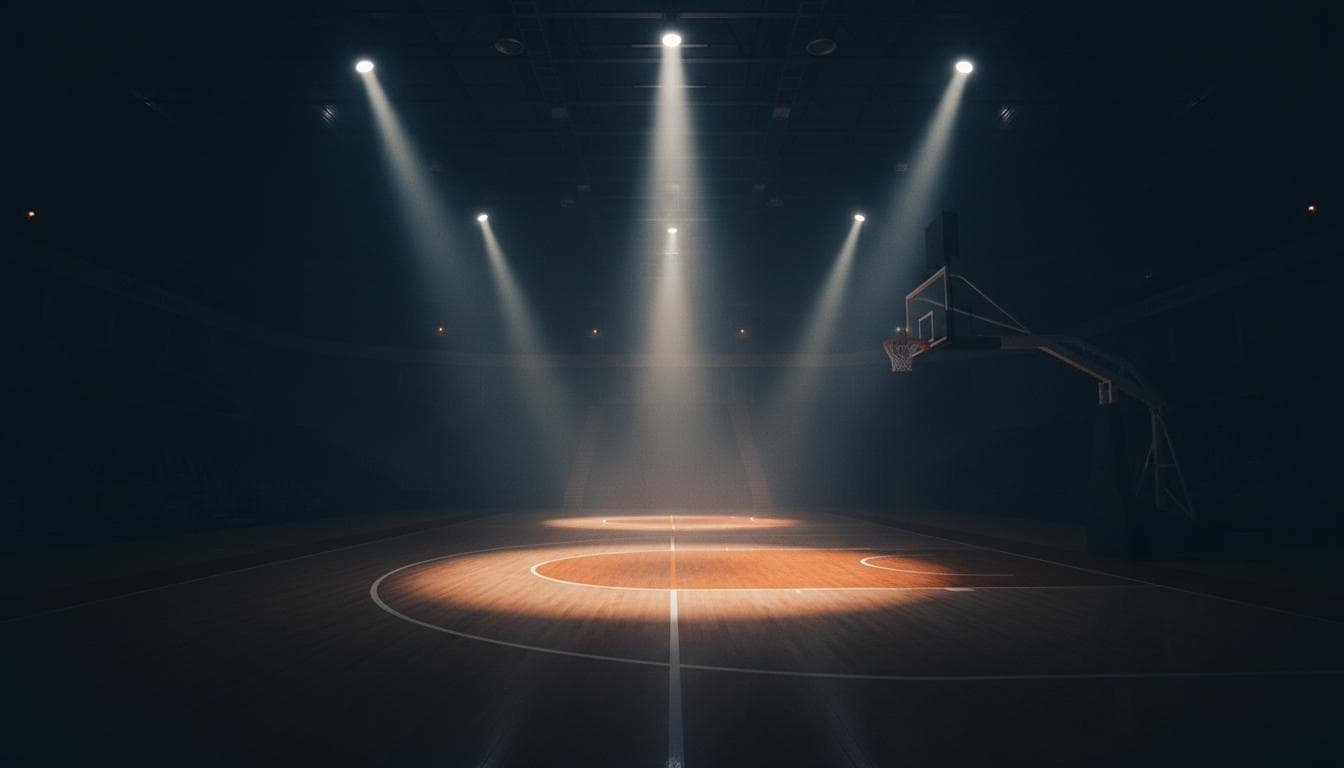 A dramatic basketball court under spotlights